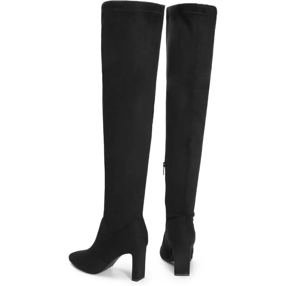 Women's Black Suede Over The Knee Thigh High Chunky Heels Pointed Toe Fall Boots